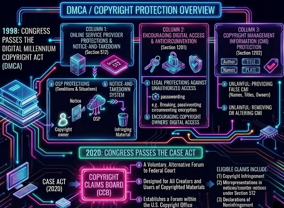 DMCA / Copyright Protection Overview infographic. 1998: The Digital Millennium Copyright Act — Section 512 covers Online Service Provider protections and the Notice-and-Takedown System; Section 1201 covers anticircumvention and digital access protections; Section 1202 covers Copyright Management Information protection, making it unlawful to falsify or remove author names and titles. 2020: The CASE Act established the Copyright Claims Board within the U.S. Copyright Office as a voluntary alternative forum for infringement claims, DMCA misrepresentations, and declarations of noninfringement. Design features a neon circuit-board aesthetic on black.